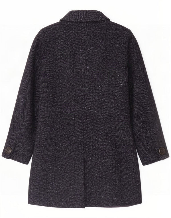 Intrend Womens 4 Button Overcoat UK 12 Medium Navy Blue Chevron Virgin Wool
