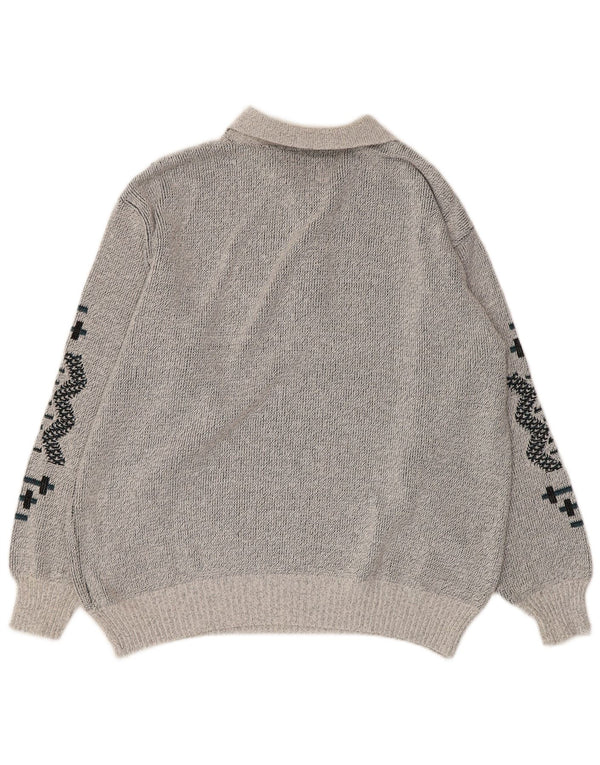 Vintage muški džemper s polo izrezom UK 38/40 srednje sivi geometrijski