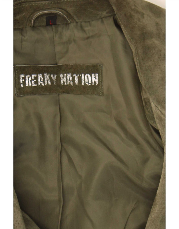 Freaky Nation ženska biciklistička jakna od brušene kože UK 14 velika kaki koža
