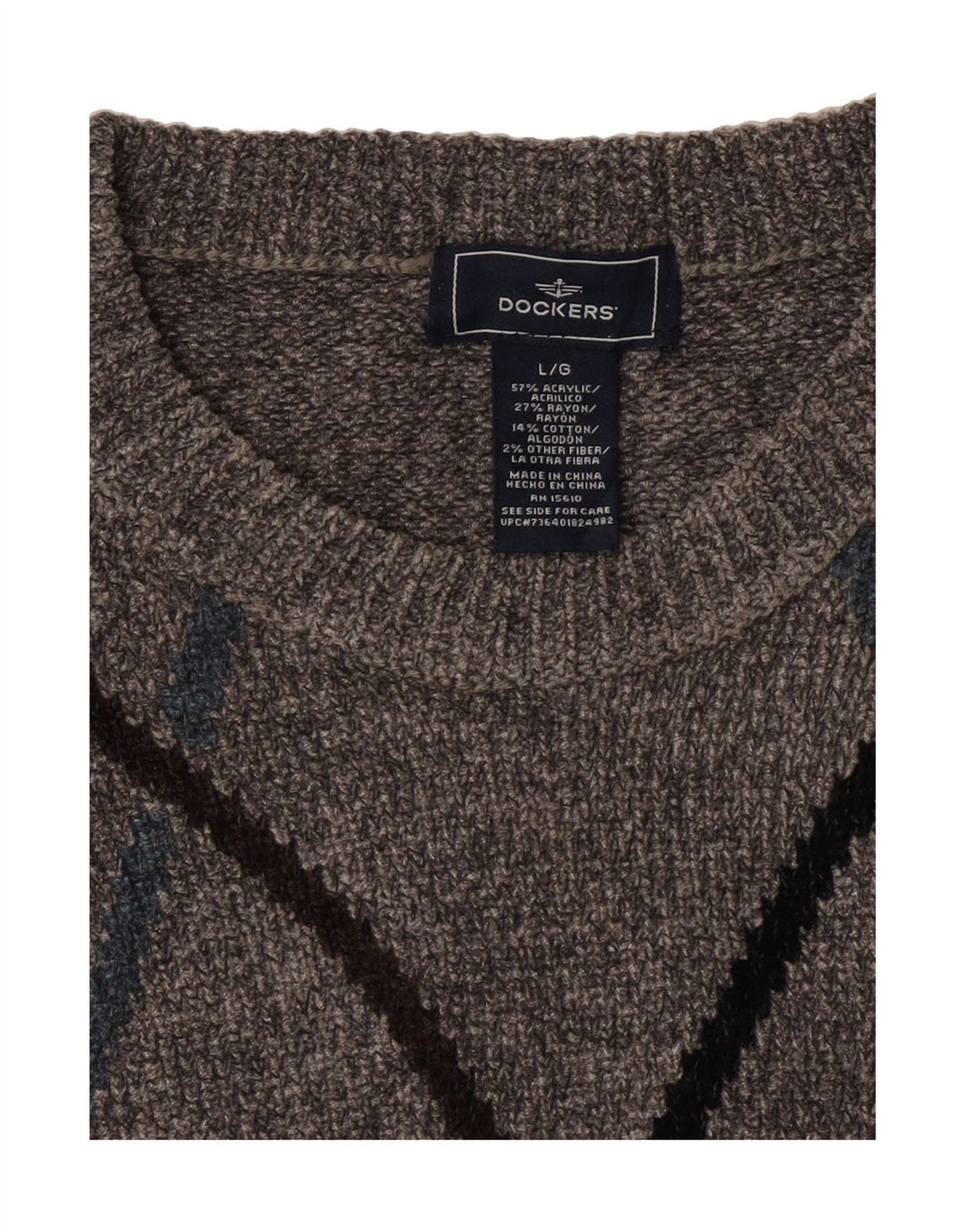 DOCKERS Mens Crew Neck Jumper Sweater Large Grey Argyle/Diamond Acrylic Vintage Dockers and Second-Hand Dockers from Messina Hembry 