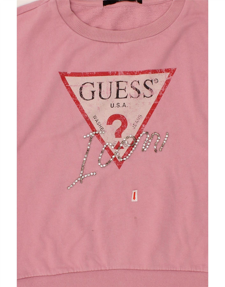 GUESS Womens Oversized Crop Graphic Sweatshirt Jumper UK 14 Medium Pink Vintage Guess and Second-Hand Guess from Messina Hembry 