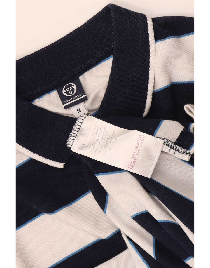 Sergio Tacchini Mens Polo Shirt Medium Navy Blue Striped Cotton