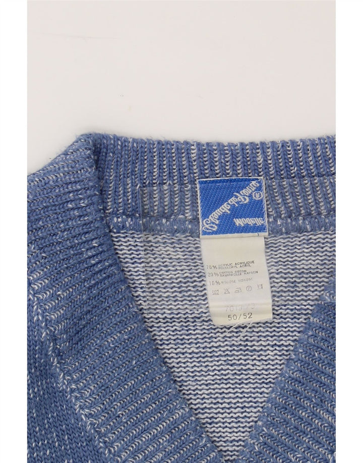CLAUDE DE PIERRE Mens V-Neck Jumper Sweater IT 50/52 Medium Blue Chevron Vintage Claude De Pierre and Second-Hand Claude De Pierre from Messina Hembry 