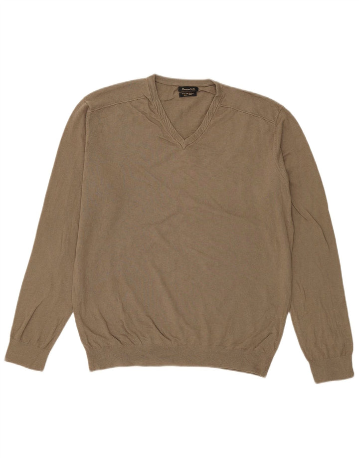 Massimo Dutti, muški džemper s V-izrezom, veliki kaki pamuk