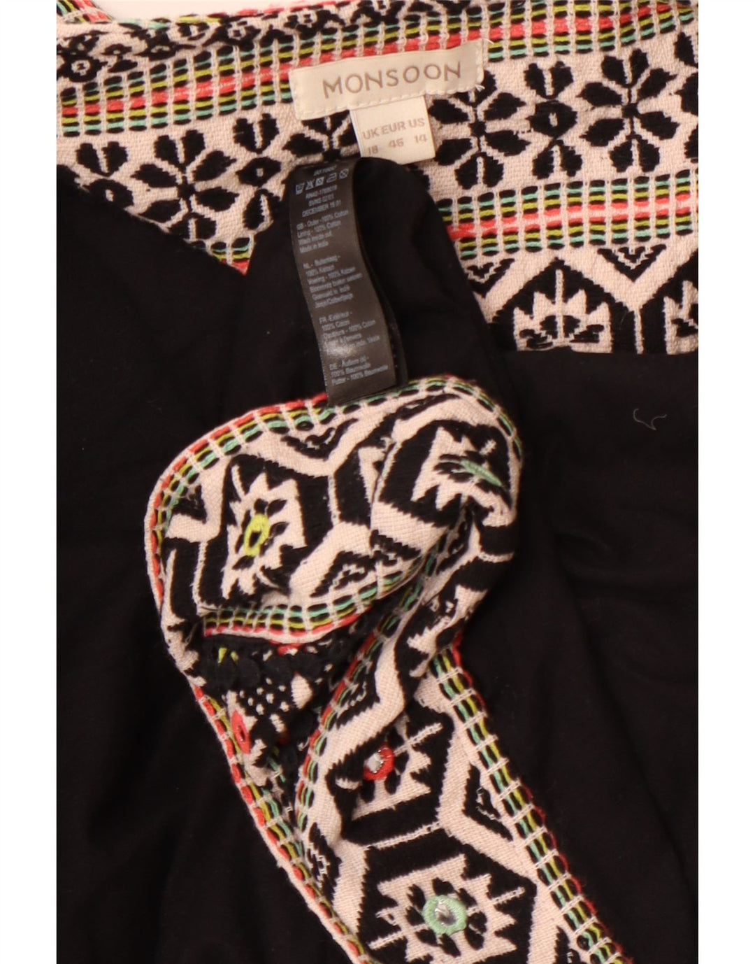 MONSOON ženska otvorena bolero jakna UK 18 XL crni geometrijski pamuk