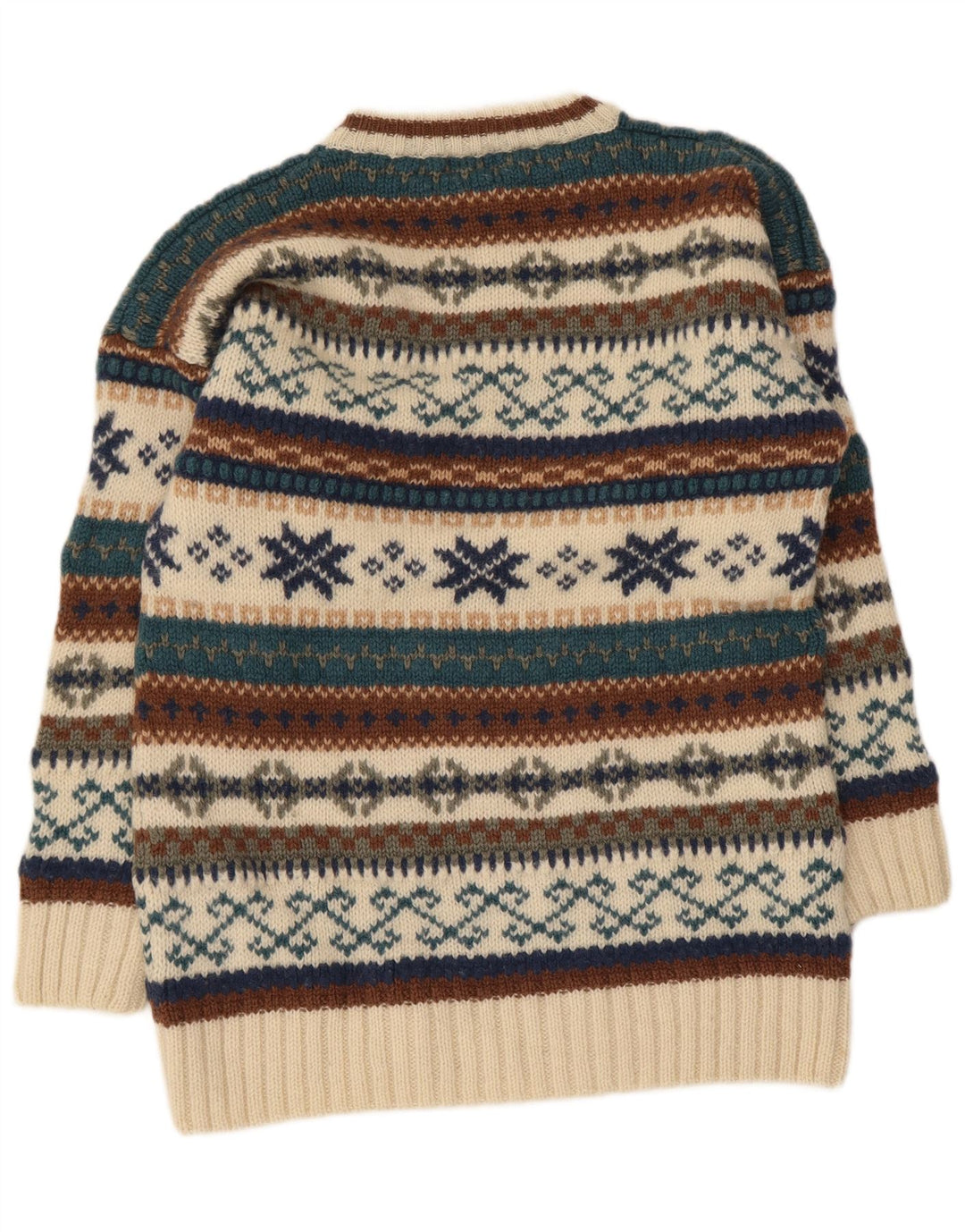 Vintage muški džemper s okruglim izrezom srednje bež boje Fair Isle vune