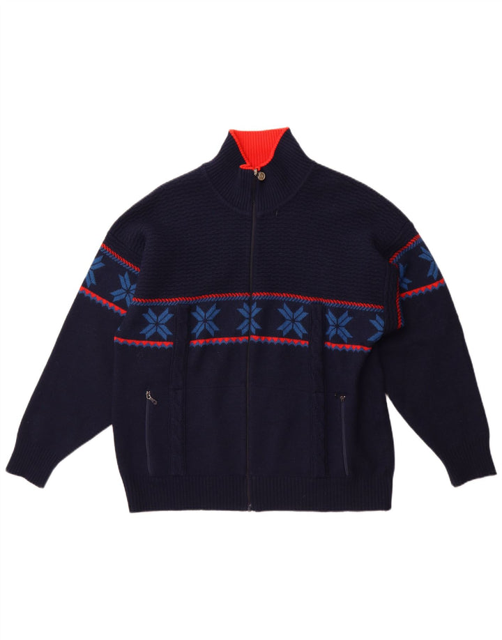 Vintage muški kardigan pulover Large Navy Blue Fair Isle