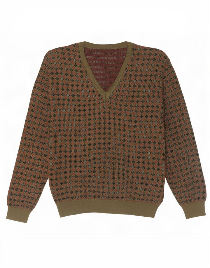 Vintage muški džemper s V-izrezom, velika kaki geometrijska vuna