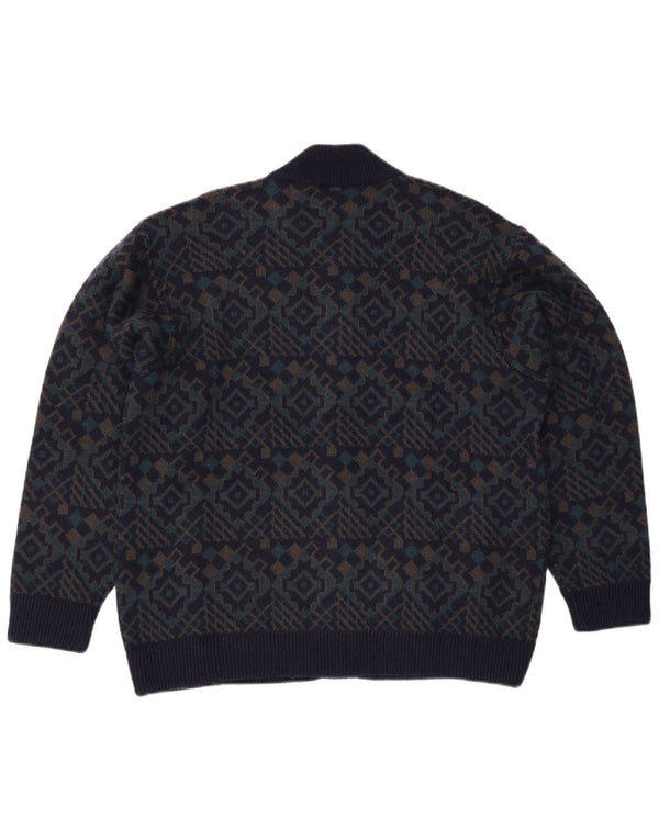 Vintage muški kardigan pulover XL tamnoplavi geometrijski vuneni