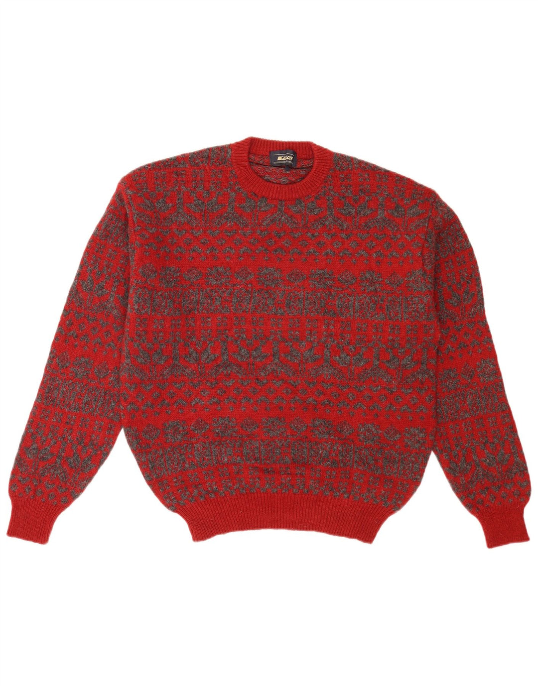Vintage muški džemper s okruglim izrezom srednje crvene boje Fair Isle Retro