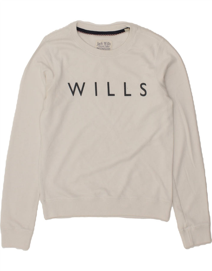 JACK WILLS Womens Graphic Sweatshirt Jumper UK 8 Small White Vintage Jack Wills and Second-Hand Jack Wills from Messina Hembry 