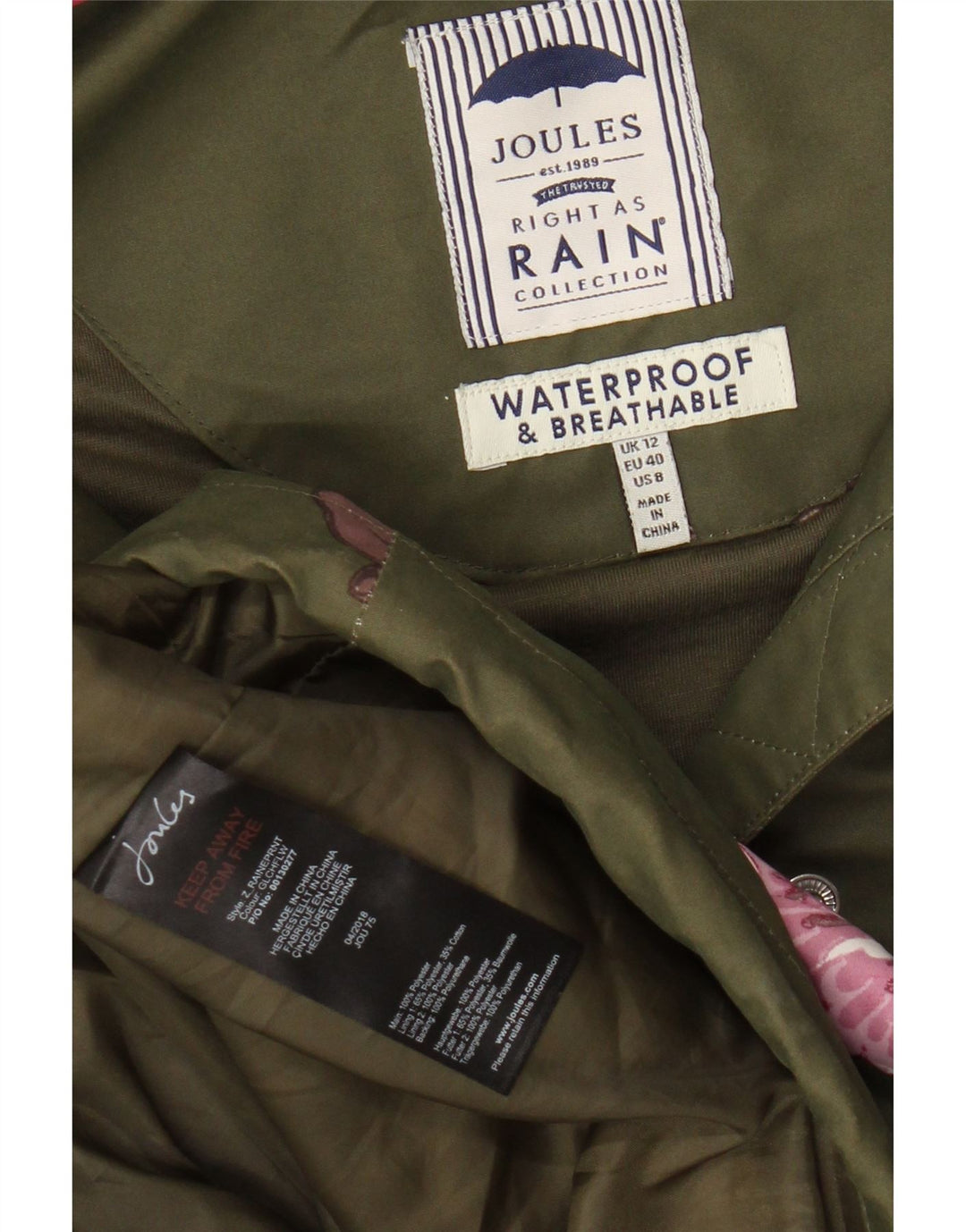 JOULES Ženska kabanica s kapuljačom UK 12 Srednji kaki cvjetni poliester