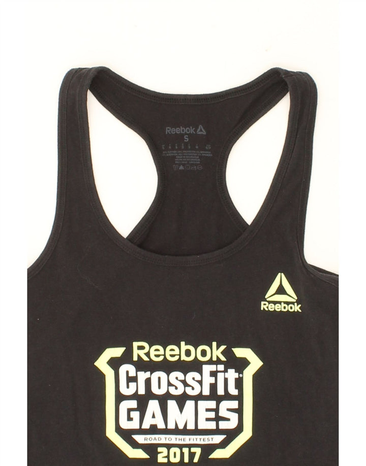 REEBOK Womens Graphic Vest Top UK 8 Small Black Cotton Vintage Reebok and Second-Hand Reebok from Messina Hembry 