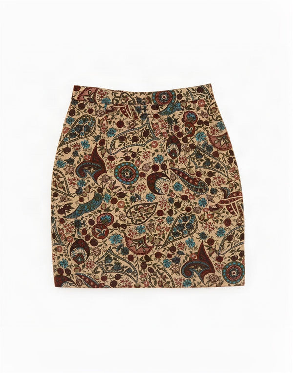 Vintage Womens Pencil Skirt IT 40 Small W24 Brown Paisley Wool