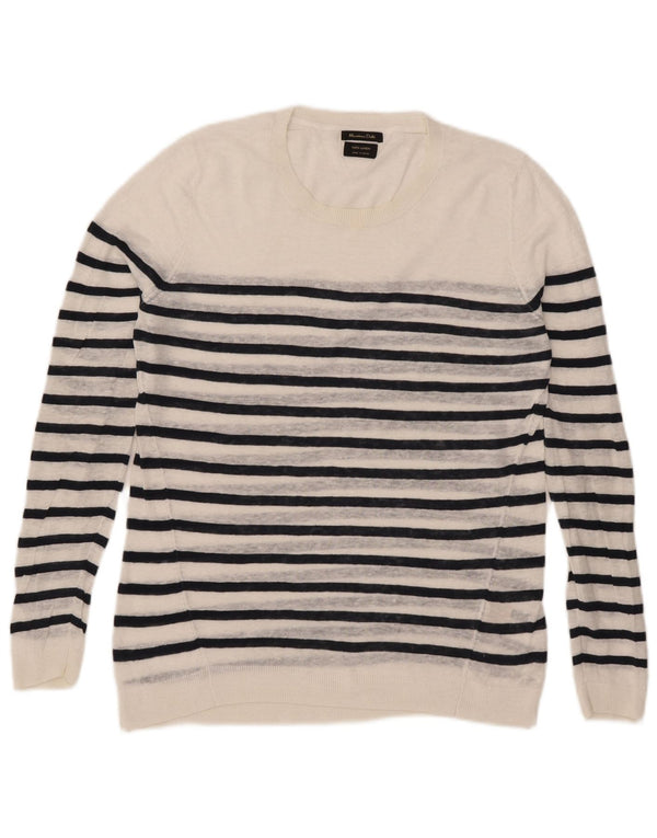 Massimo Dutti Womens Crew Neck Jumper Sweater UK 16 Large White Striped