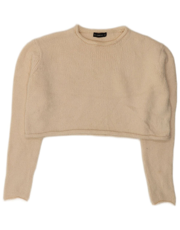 Zara Womens Crop Crew Neck Jumper Sweater UK 10 Small Off White Acrylic