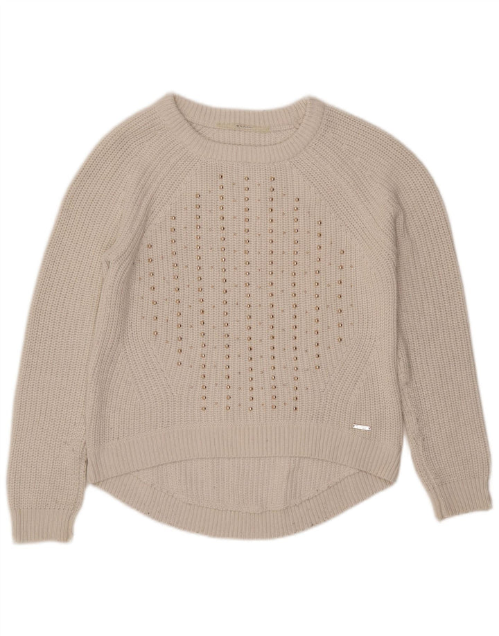 GUESS Ženski pulover s velikim veznim izrezom UK 6 Mali bijeli pamuk