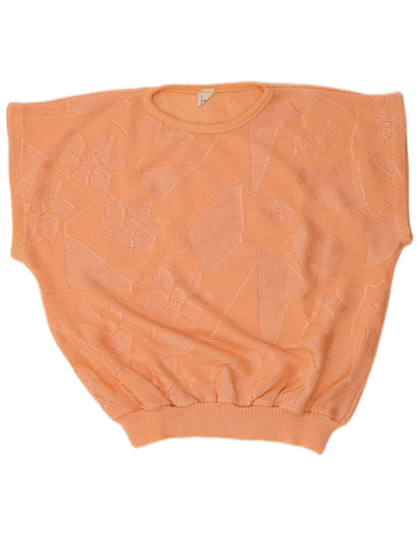 Vintage ženski džemper kratkih rukava s okruglim izrezom IT 50 XL narančasti cvjetni