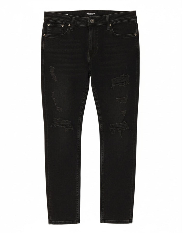 JACK & JONES Mens Distressed Slim Jeans W33 L28 Black Cotton