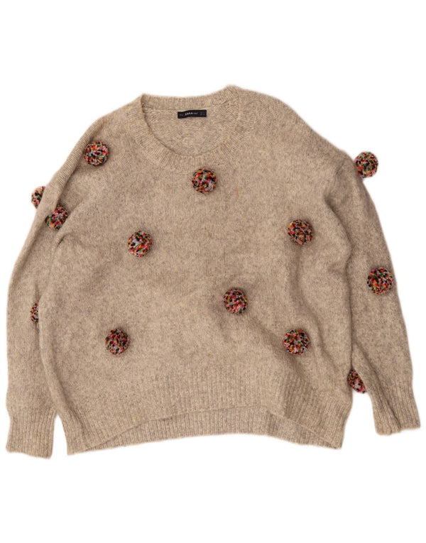 Zara ženski veliki džemper s veznim izrezom UK 10 Small Beige Flecked