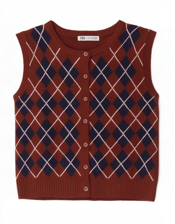 Zara ženski džemper bez rukava UK 14 Large Brown Argyle/Diamond