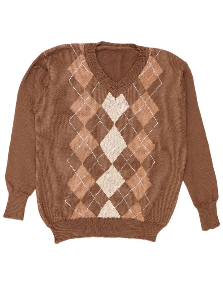 Vintage ženski džemper s V-izrezom veliki smeđi Argyle/Diamond poliester