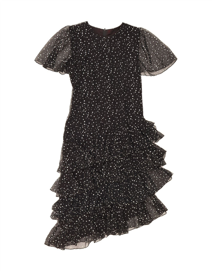 YESSICA Womens Ruffle Asymmetrical Dress EU 36 Small Black Spotted Vintage Yessica and Second-Hand Yessica from Messina Hembry 