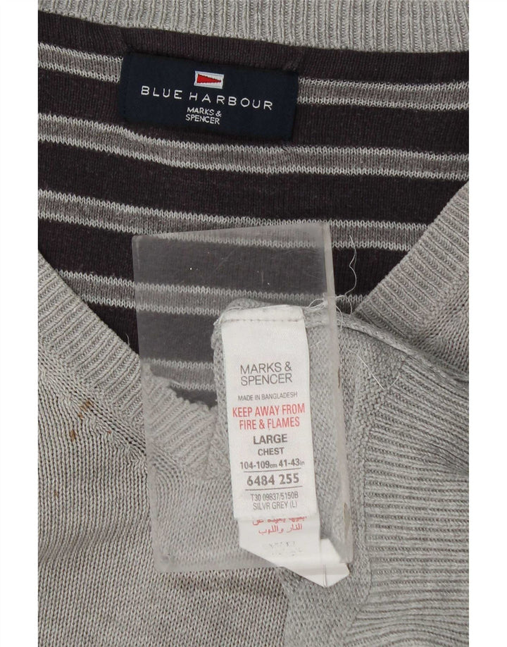 Marks & Spencer muški plavi Harbor džemper s V-izrezom veliki sivi pamuk