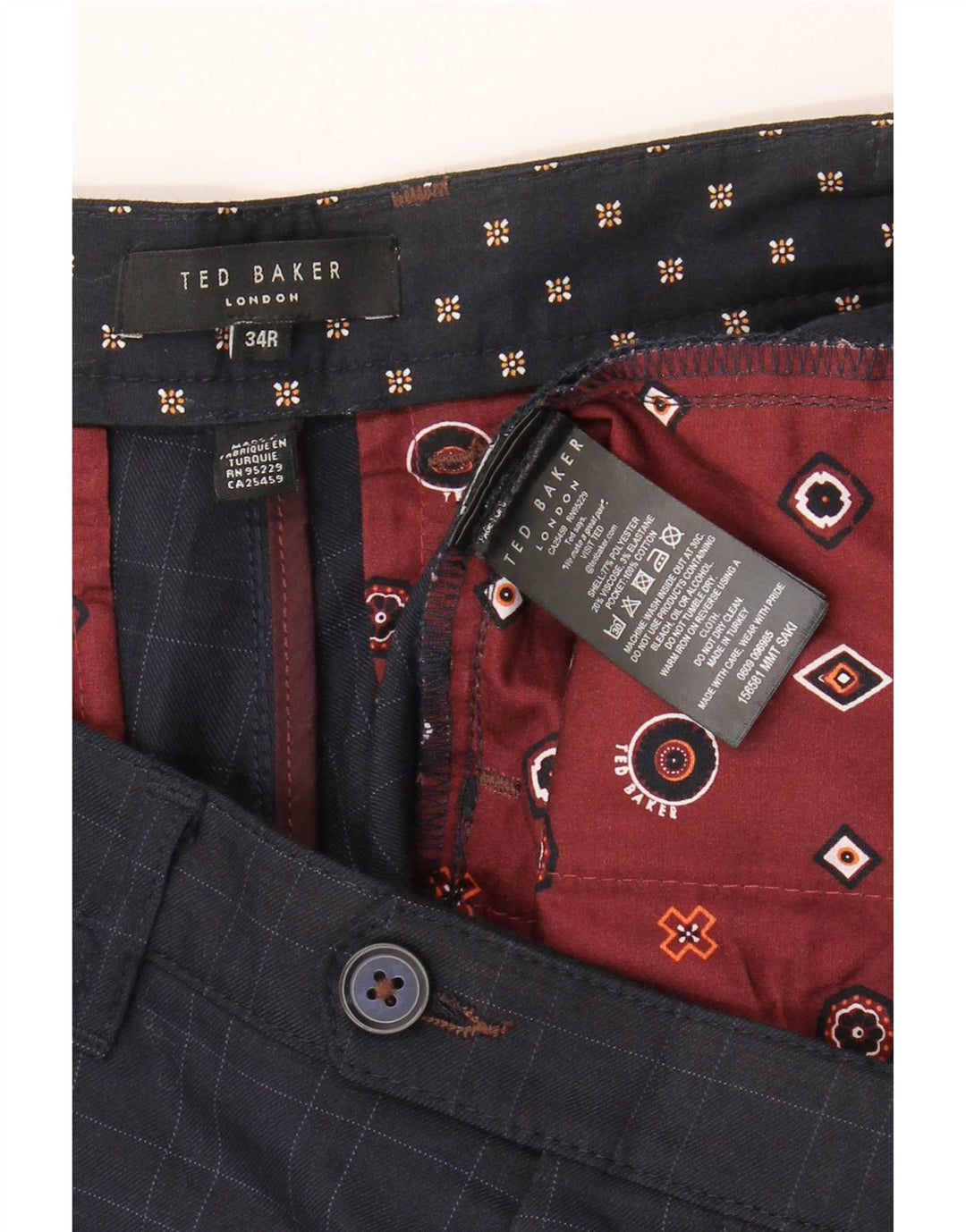 Ted Baker muške uske hlače odijela W34 L31 tamnoplavi karirani poliester