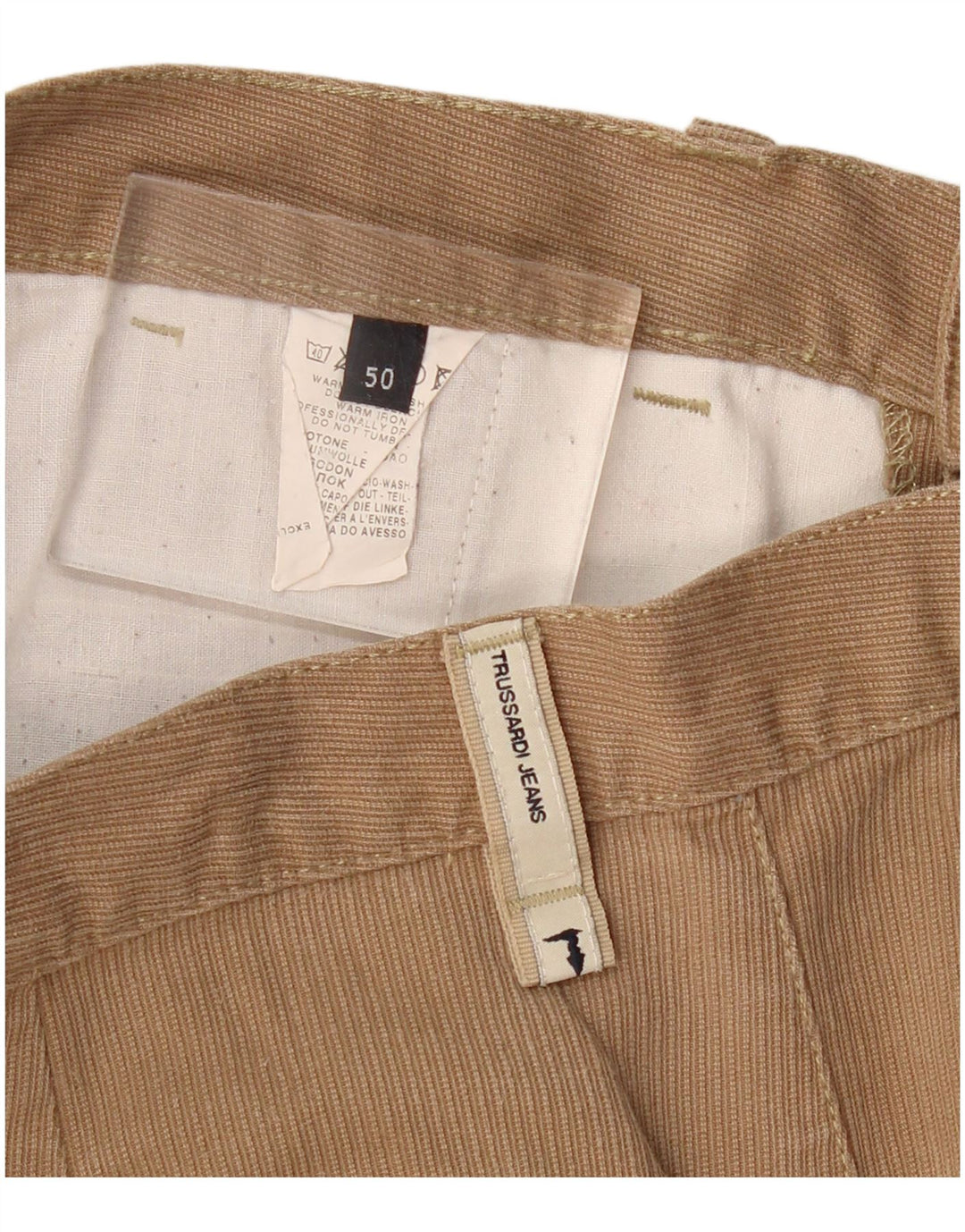 TRUSSARDI Muške ravne chino hlače IT 50 Large W34 L34 Beige Pinstripe
