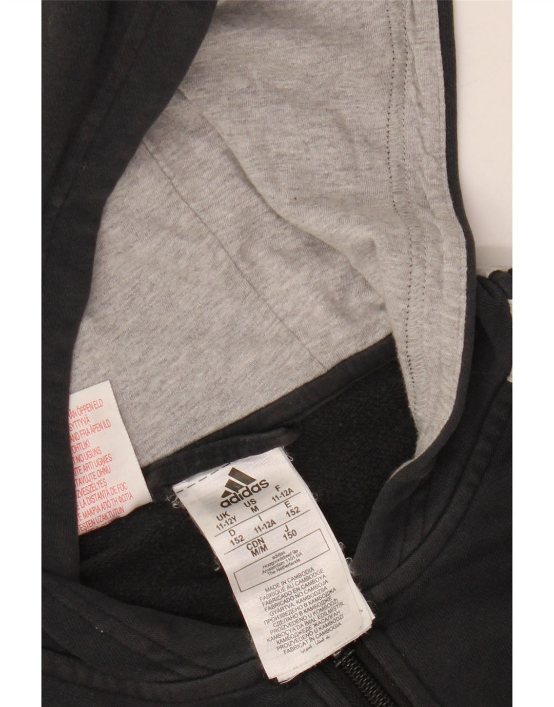 ADIDAS pulover s kapuljačom na patentni zatvarač za dječake 11-12 godina, crni pamuk u boji