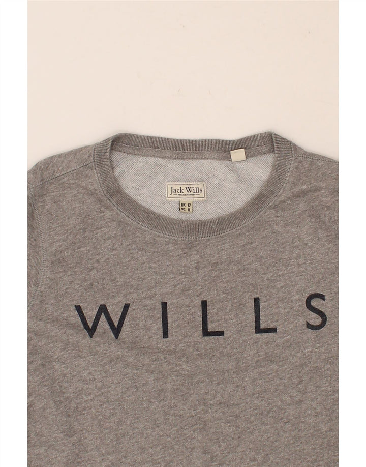 JACK WILLS Womens Graphic Sweatshirt Jumper UK 12 Medium Grey Cotton Vintage Jack Wills and Second-Hand Jack Wills from Messina Hembry 