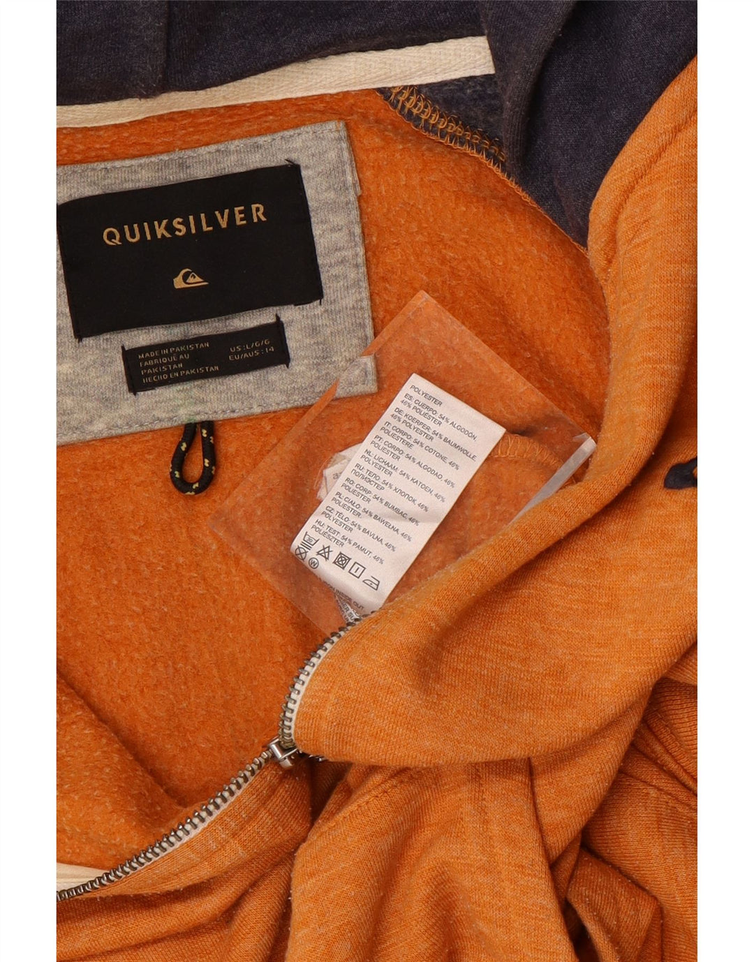 QUIKSILVER Ženski pulover s kapuljačom na patentni zatvarač UK 14 Large Orange Colourblock Pamuk