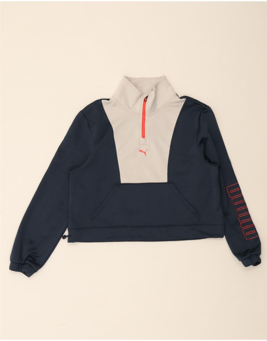 PUMA Womens Graphic Sweatshirt Jumper UK 14 Medium Navy Blue Colourblock Vintage Puma and Second-Hand Puma from Messina Hembry 