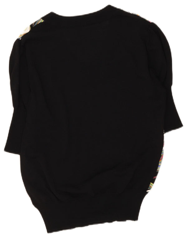 Vintage Womens Abstract Pattern Top 3/4 Sleeve UK 16 Large Black Silk
