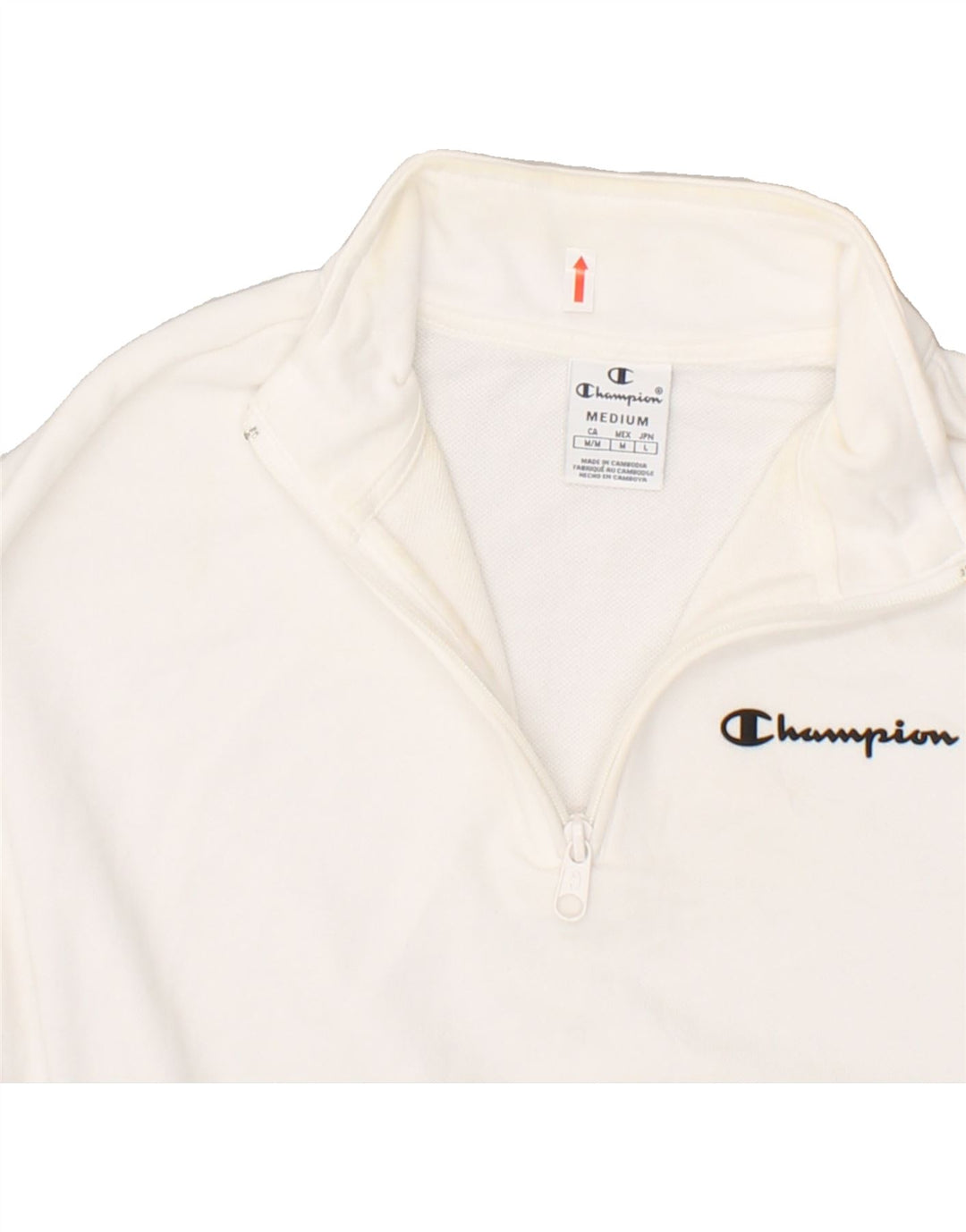 CHAMPION Womens Zip Neck Sweatshirt Jumper UK 14 Medium White Colourblock | Vintage Champion | Thrift | Second-Hand Champion | Used Clothing | Messina Hembry 