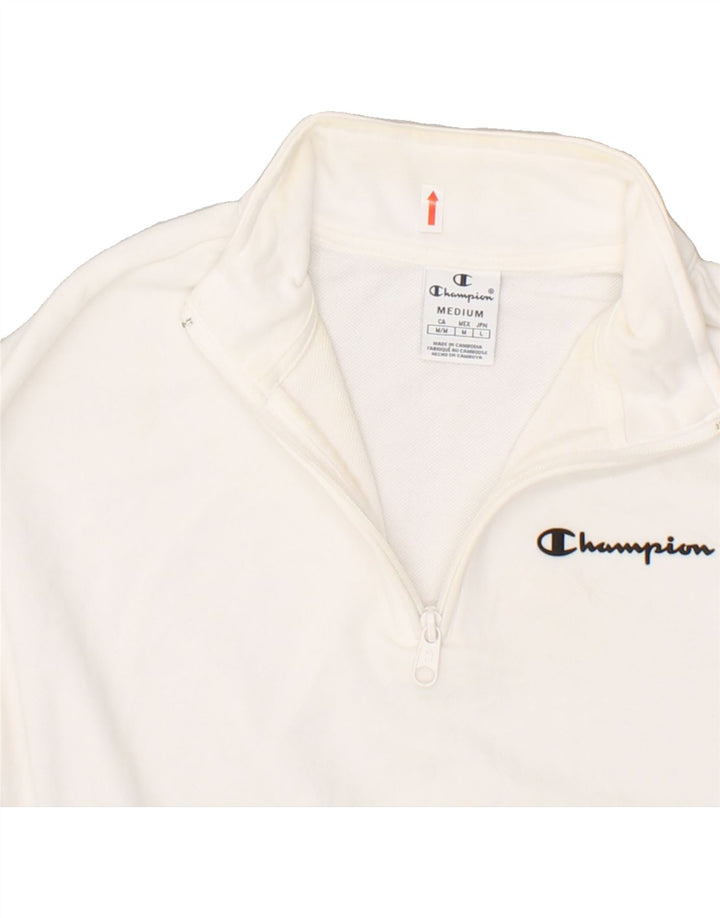 CHAMPION Womens Zip Neck Sweatshirt Jumper UK 14 Medium White Colourblock | Vintage Champion | Thrift | Second-Hand Champion | Used Clothing | Messina Hembry 