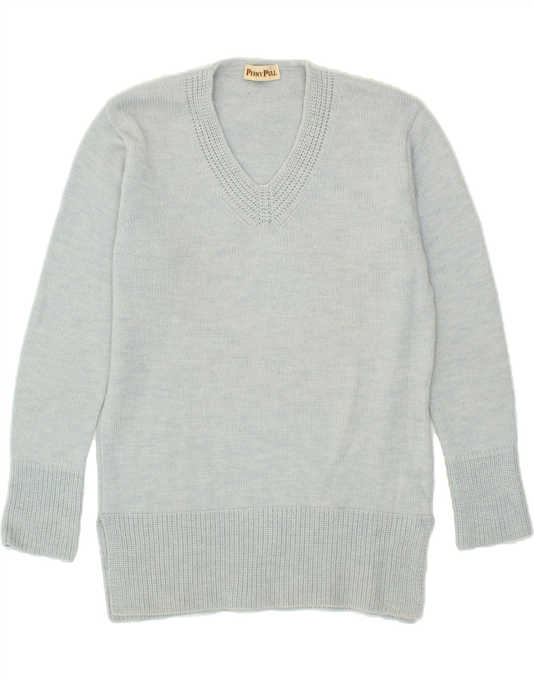 PENNY PULL Womens V-Neck Jumper Sweater UK 14 Medium Blue Wool Vintage Penny Pull and Second-Hand Penny Pull from Messina Hembry 