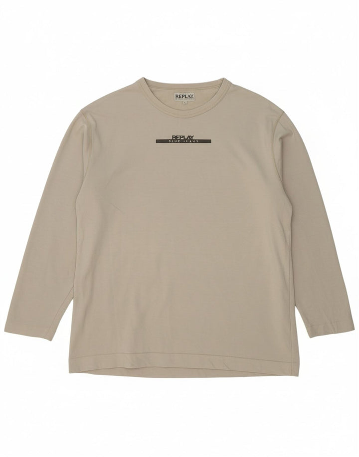 REPLAY Mens Graphic Top Long Sleeve Large Beige Cotton
