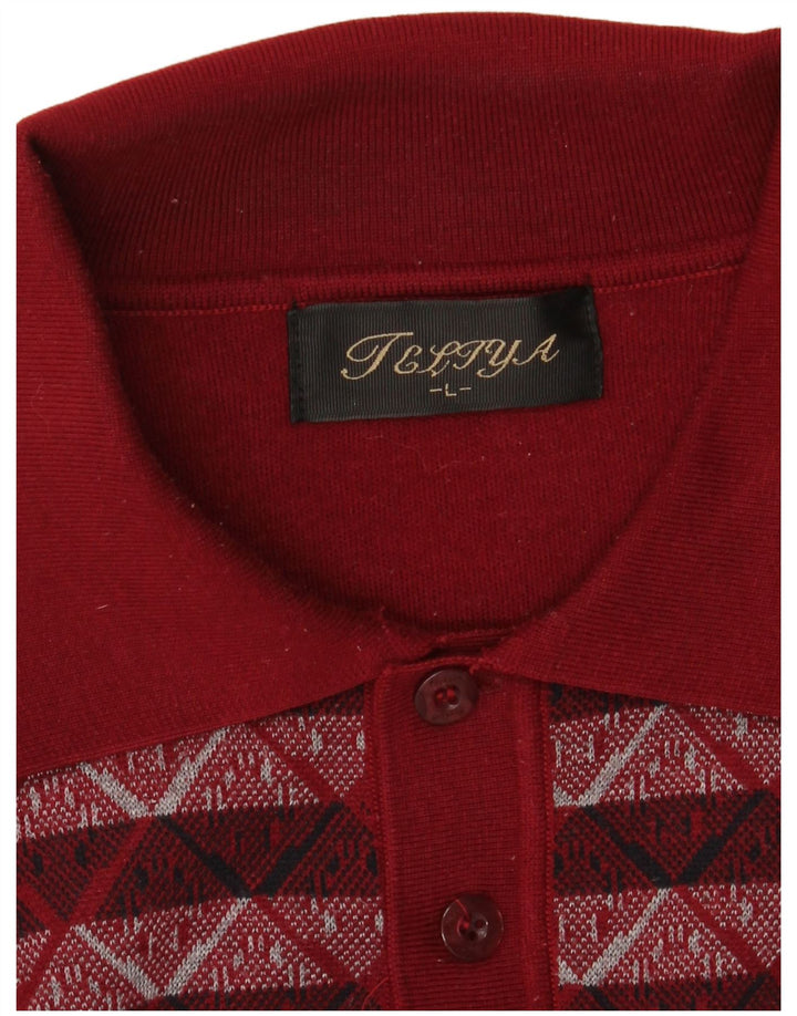 VINTAGE muški pulover s polo ovratnikom, veliki bordo geometrijski