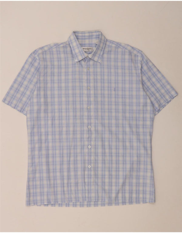 Yves Saint Laurent Mens Short Sleeve Shirt Large Blue Check Cotton