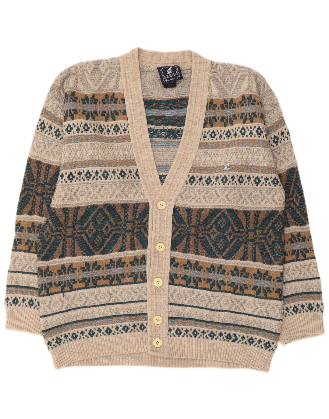 North Pole muški kardigan pulover Large Beige Fair Isle Wool