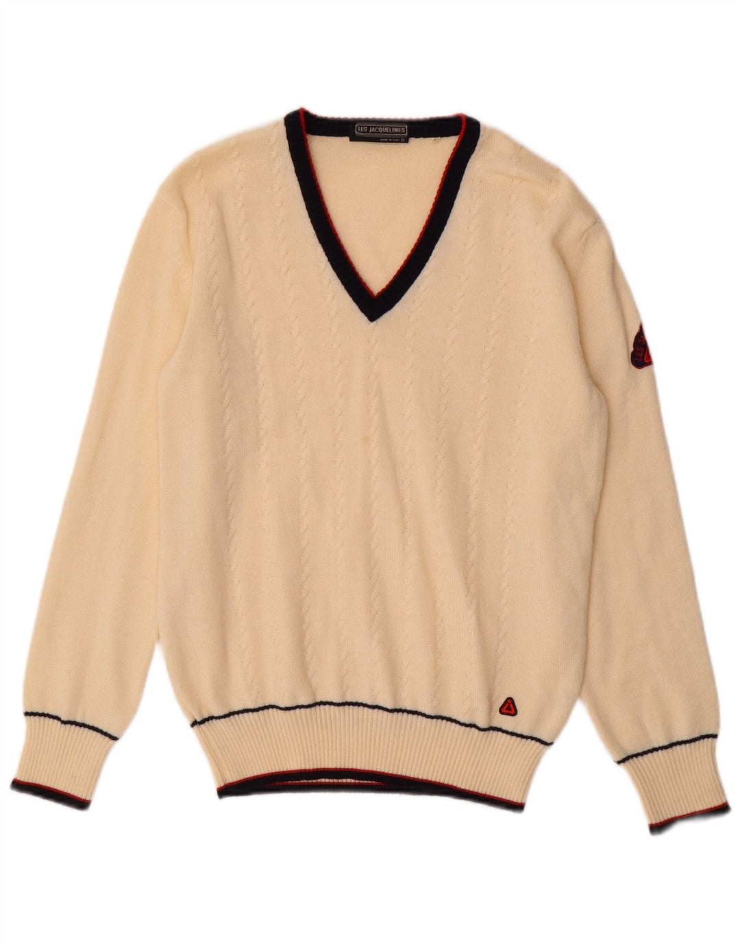 LES JACQUELINES Mens V-Neck Jumper Sweater IT 48 Medium Off White Wool