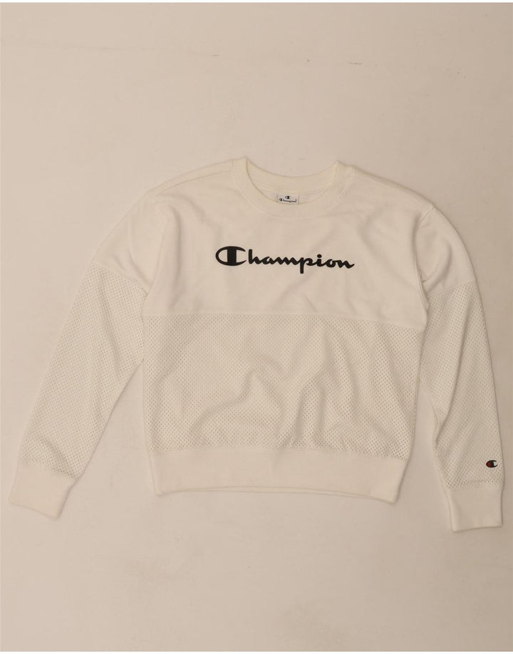CHAMPION Womens Graphic Sweatshirt Jumper UK 14 Medium White Vintage Champion and Second-Hand Champion from Messina Hembry 