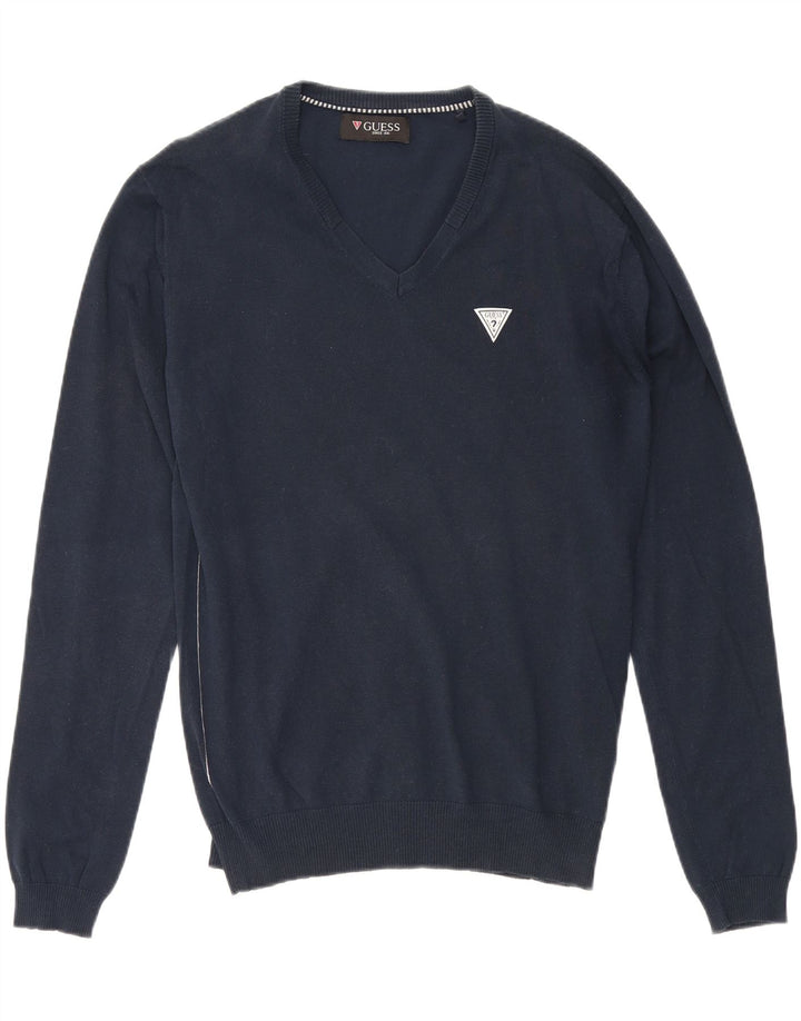 GUESS Mens V-Neck Jumper Sweater Medium Navy Blue Cotton Vintage Guess and Second-Hand Guess from Messina Hembry 