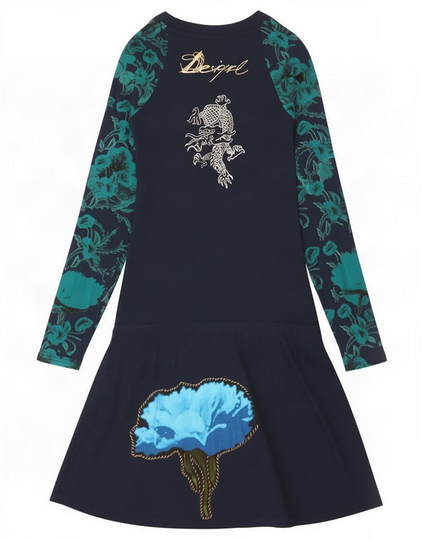 Desigual ženska grafička haljina A-kroja dugih rukava UK 4 XS tamnoplava cvjetna
