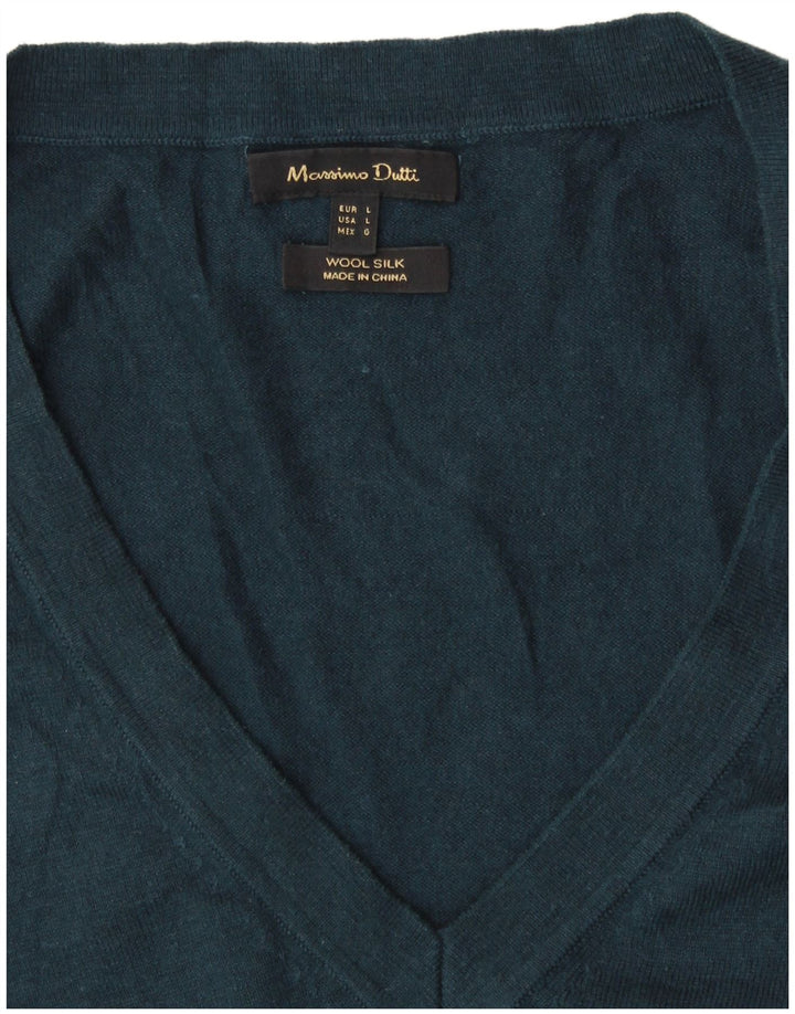 MASSIMO DUTTI Womens V-Neck Jumper Sweater UK 16 Large Green Wool