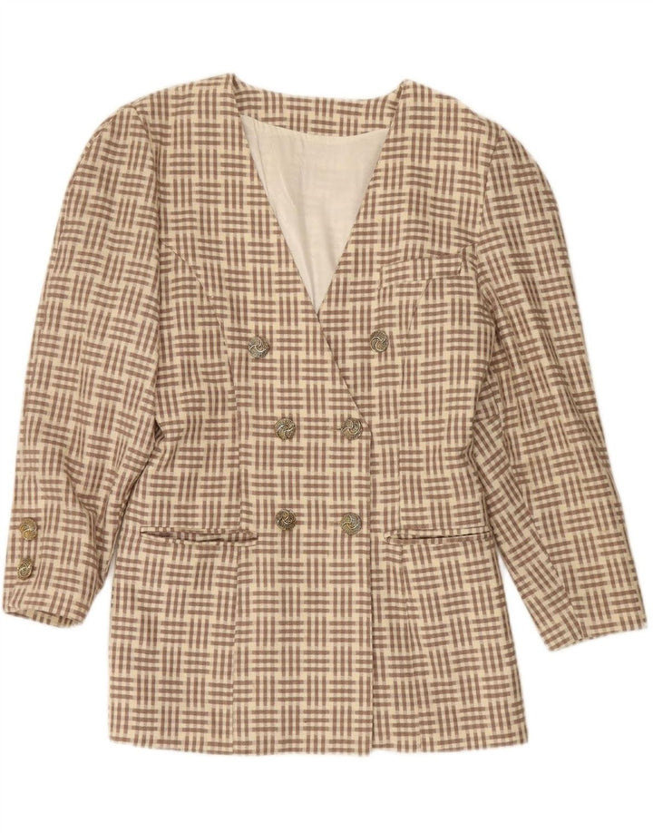 VINTAGE Womens Double Breasted Blazer Jacket UK 14 Medium Beige Check