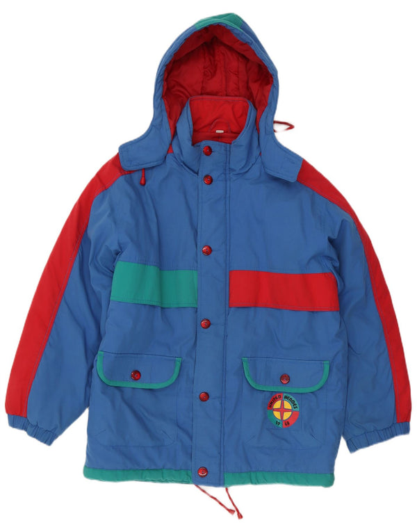 Vintage Mens Graphic Hooded Ski Jacket UK 40 Large Blue Colourblock
