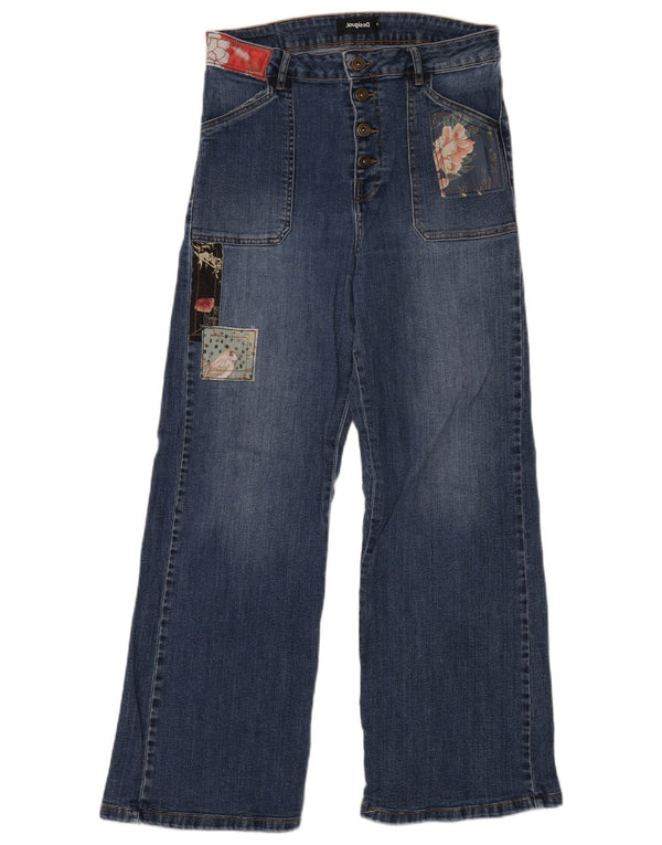 Ženske traperice širokih nogavica Desigual visokog struka EU 30 XL W30 L29 plava patchwork